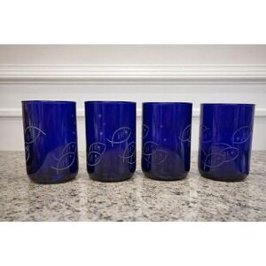 Rolf Glass Blue Fish Twice Around 14 oz Recycled Glass Tumbler Set of 4 US Made